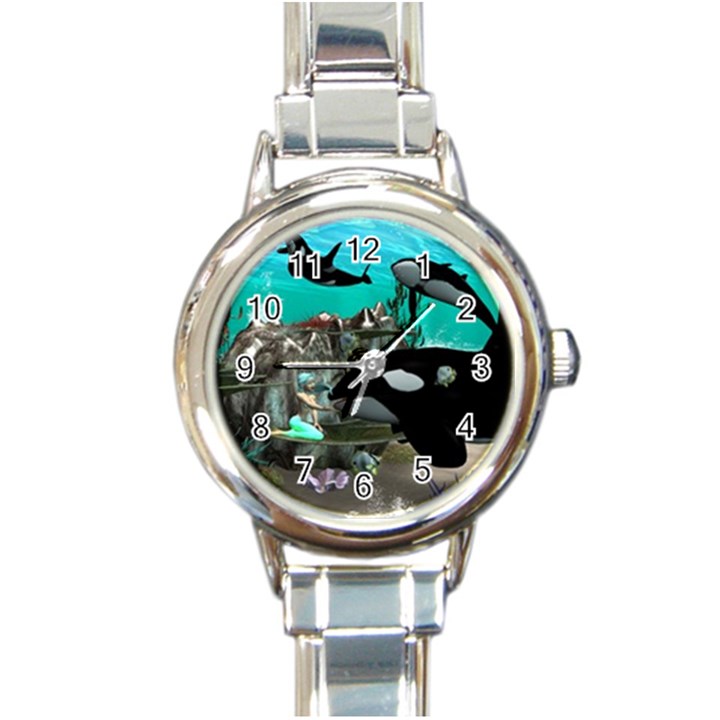 Cute Mermaid Playing With Orca Round Italian Charm Watches