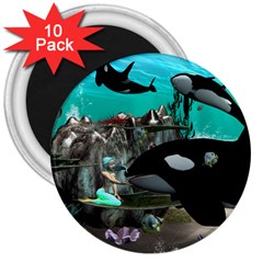 Cute Mermaid Playing With Orca 3  Magnets (10 Pack) 