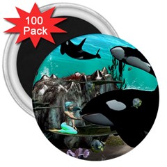 Cute Mermaid Playing With Orca 3  Magnets (100 Pack)