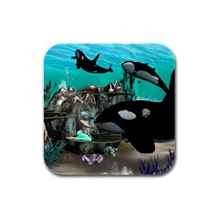 Cute Mermaid Playing With Orca Rubber Square Coaster (4 Pack) 