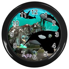 Cute Mermaid Playing With Orca Wall Clocks (black)