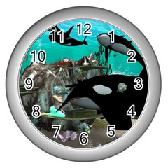 Cute Mermaid Playing With Orca Wall Clocks (silver) 