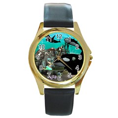 Cute Mermaid Playing With Orca Round Gold Metal Watches