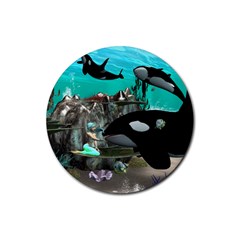 Cute Mermaid Playing With Orca Rubber Coaster (round)  by FantasyWorld7