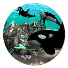 Cute Mermaid Playing With Orca Magnet 5  (round)