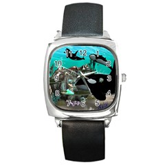 Cute Mermaid Playing With Orca Square Metal Watches