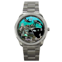 Cute Mermaid Playing With Orca Sport Metal Watches