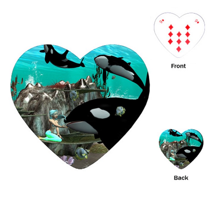 Cute Mermaid Playing With Orca Playing Cards (Heart) 