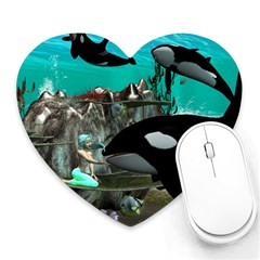 Cute Mermaid Playing With Orca Heart Mousepads