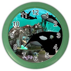 Cute Mermaid Playing With Orca Color Wall Clocks