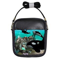 Cute Mermaid Playing With Orca Girls Sling Bags