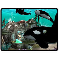 Cute Mermaid Playing With Orca Fleece Blanket (large) 