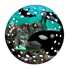 Cute Mermaid Playing With Orca Ornament (round Filigree) 