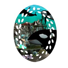 Cute Mermaid Playing With Orca Ornament (oval Filigree) 