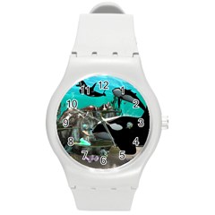 Cute Mermaid Playing With Orca Round Plastic Sport Watch (m)