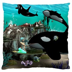 Cute Mermaid Playing With Orca Large Cushion Cases (two Sides) 