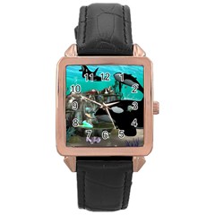 Cute Mermaid Playing With Orca Rose Gold Watches