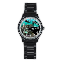 Cute Mermaid Playing With Orca Stainless Steel Round Watches