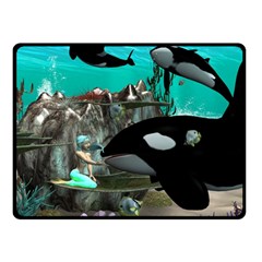 Cute Mermaid Playing With Orca Double Sided Fleece Blanket (small) 