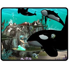 Cute Mermaid Playing With Orca Double Sided Fleece Blanket (medium) 