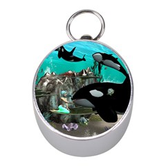 Cute Mermaid Playing With Orca Mini Silver Compasses