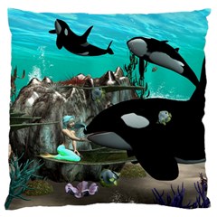 Cute Mermaid Playing With Orca Large Flano Cushion Cases (one Side) 