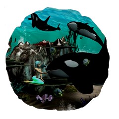 Cute Mermaid Playing With Orca Large 18  Premium Flano Round Cushions