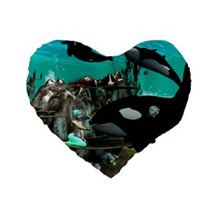 Cute Mermaid Playing With Orca Standard 16  Premium Flano Heart Shape Cushions