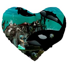 Cute Mermaid Playing With Orca Large 19  Premium Flano Heart Shape Cushions by FantasyWorld7