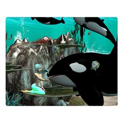 Cute Mermaid Playing With Orca Double Sided Flano Blanket (large) 