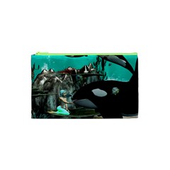 Cute Mermaid Playing With Orca Cosmetic Bag (xs) by FantasyWorld7