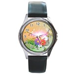 Wonderful Colorful Flowers With Dragonflies Round Metal Watches Front