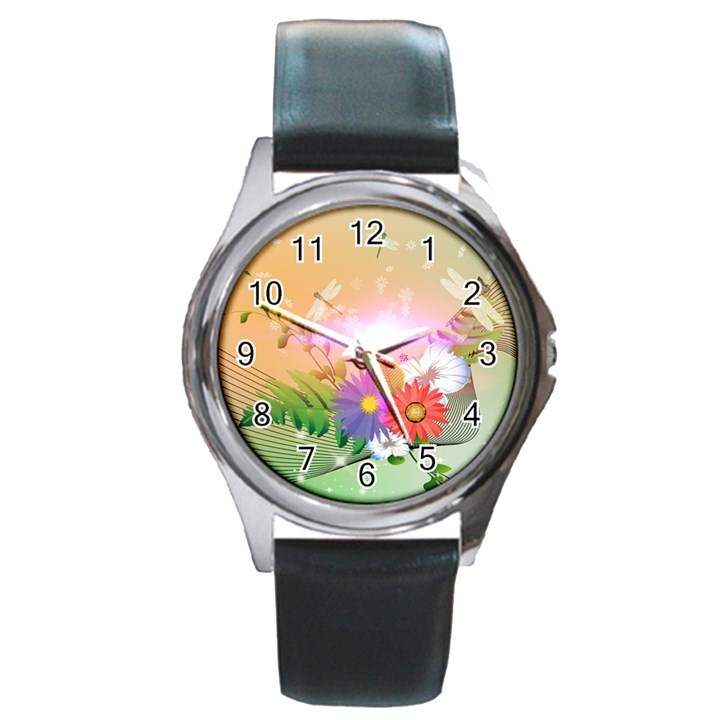 Wonderful Colorful Flowers With Dragonflies Round Metal Watches