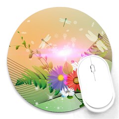 Wonderful Colorful Flowers With Dragonflies Round Mousepads