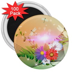 Wonderful Colorful Flowers With Dragonflies 3  Magnets (100 Pack) by FantasyWorld7