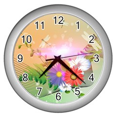 Wonderful Colorful Flowers With Dragonflies Wall Clocks (silver) 