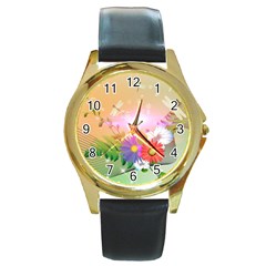 Wonderful Colorful Flowers With Dragonflies Round Gold Metal Watches