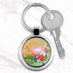 Wonderful Colorful Flowers With Dragonflies Key Chains (round) 