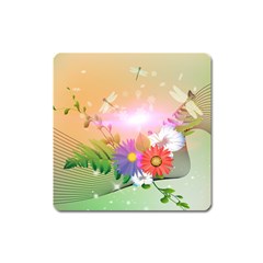 Wonderful Colorful Flowers With Dragonflies Square Magnet