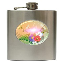 Wonderful Colorful Flowers With Dragonflies Hip Flask (6 Oz)