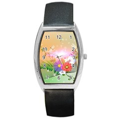 Wonderful Colorful Flowers With Dragonflies Barrel Metal Watches