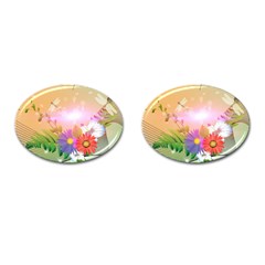 Wonderful Colorful Flowers With Dragonflies Cufflinks (oval)