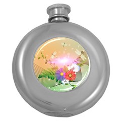 Wonderful Colorful Flowers With Dragonflies Round Hip Flask (5 Oz)