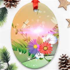 Wonderful Colorful Flowers With Dragonflies Oval Ornament (two Sides)