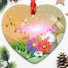 Wonderful Colorful Flowers With Dragonflies Heart Ornament (2 Sides) by FantasyWorld7