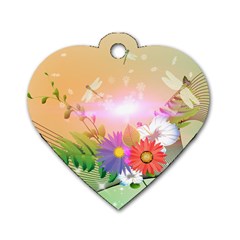 Wonderful Colorful Flowers With Dragonflies Dog Tag Heart (one Side)