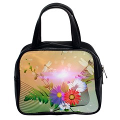 Wonderful Colorful Flowers With Dragonflies Classic Handbags (2 Sides) by FantasyWorld7