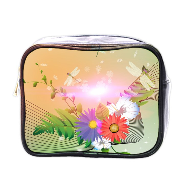 Wonderful Colorful Flowers With Dragonflies Mini Toiletries Bags