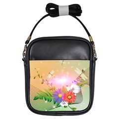 Wonderful Colorful Flowers With Dragonflies Girls Sling Bags