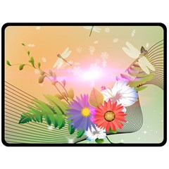 Wonderful Colorful Flowers With Dragonflies Fleece Blanket (large)  by FantasyWorld7